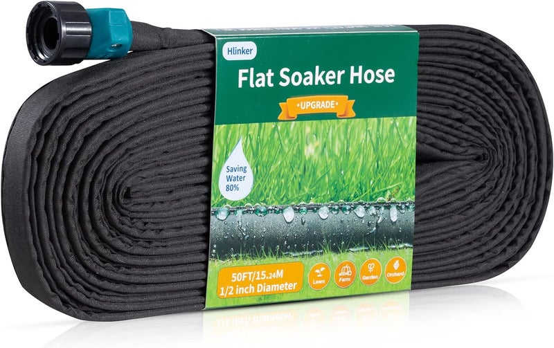 Hlinker Flat Soaker Hose 50 FT for Garden Beds, 50Ft 1/2" Linkable Consistent Drip Irrigation Hose Save 80% Water, Leakproof Heavy Duty Double Layer Sprinkler Hose - Image 1
